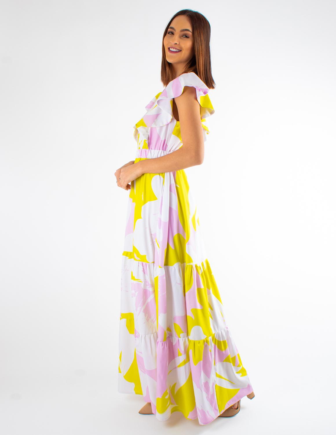 Maxi vestido de olanes, con escarolas estampado floral