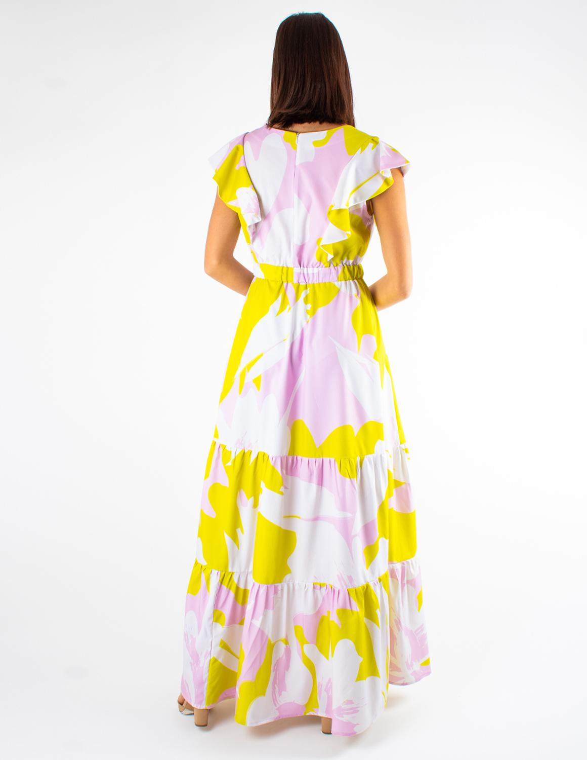 Maxi vestido de olanes, con escarolas estampado floral
