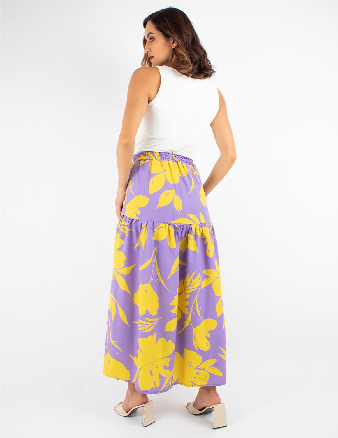 Falda con olán ancho fruncido de print floral lila con amarillo
